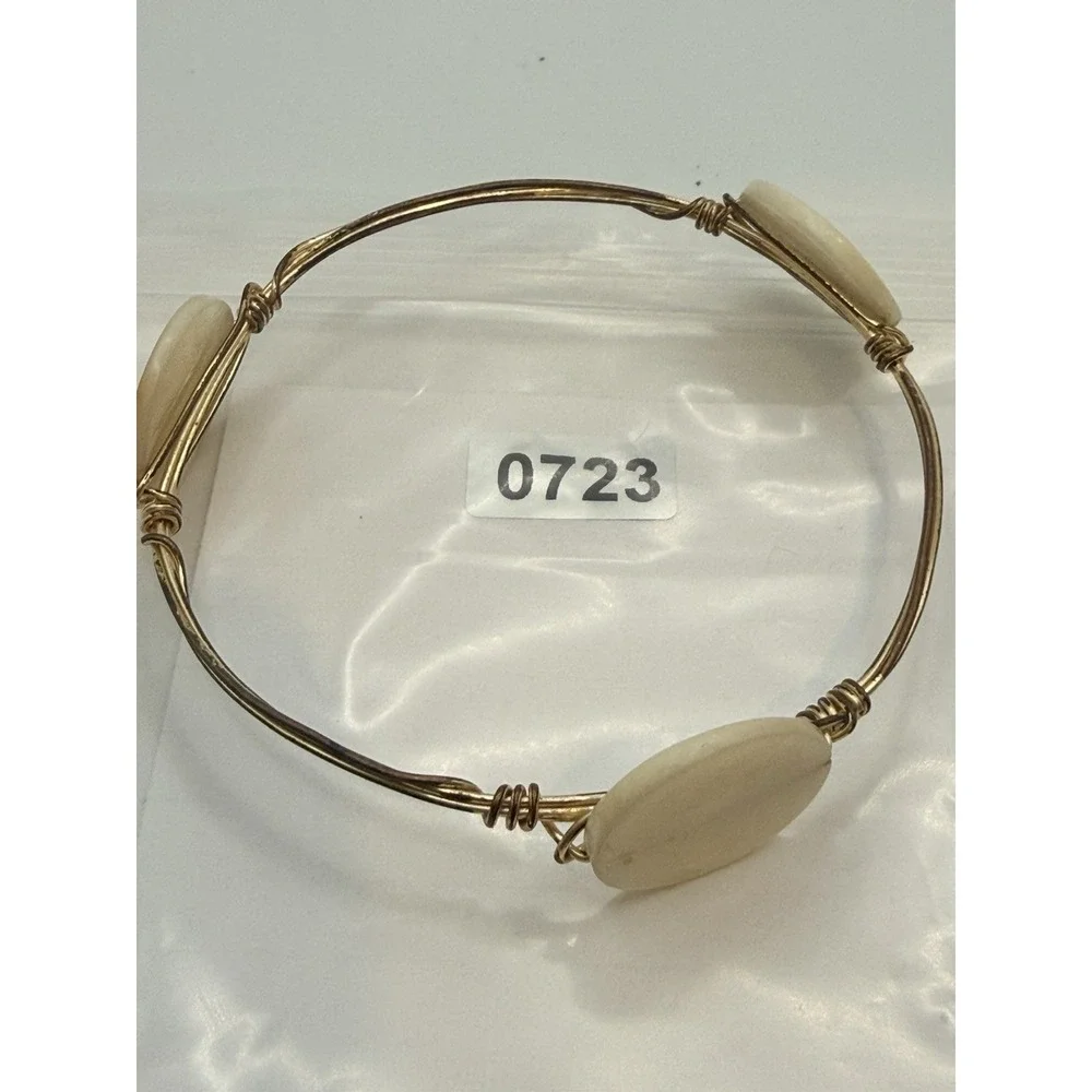 Wire Wrapped Bangle Bracelet Cream Stone Or Shell Size 7.75